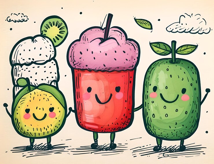 Photo happy fruits friends illustration pour le papier peint et les arrière-plans de la meilleure qualité, exquise et belle