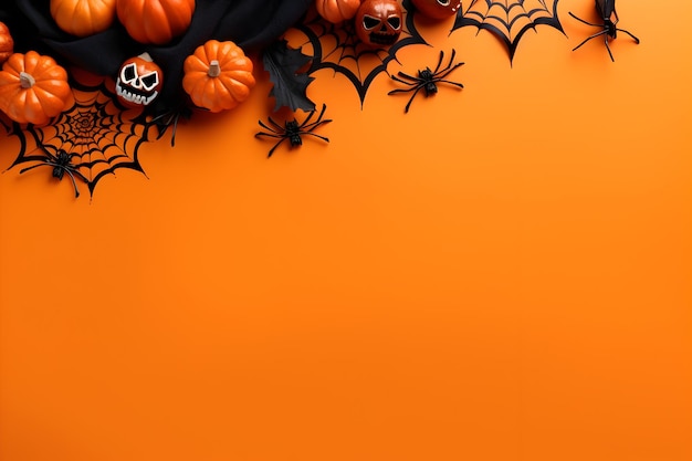 Happy halloween mockup plat avec des citrouilles des araignées et une toile d'araignée sur fond orange composition de concept de vacances d'automne vue supérieure avec espace de copie généré ai