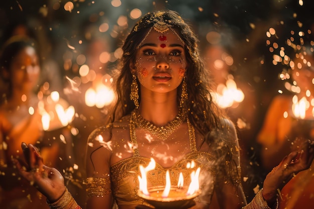 Happy Holika Dahan Concept Une belle femme dans le rôle de Holika mythologique Pendant le festival de Holika Dahn Inde gros plan extrême IA générative