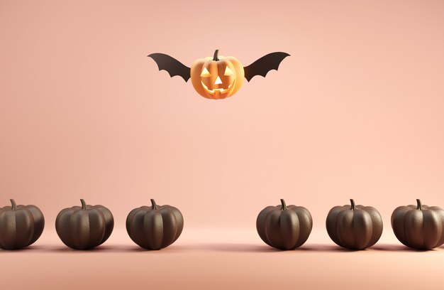 Happy Jack O Lantern avec des ailes volant parmi les citrouilles.