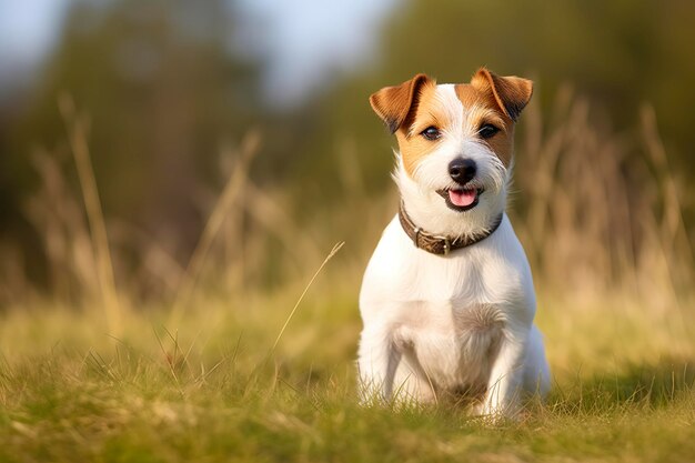 Happy Jack Russell Terrier chien de compagnie attendant à l'écoute dans l'herbe