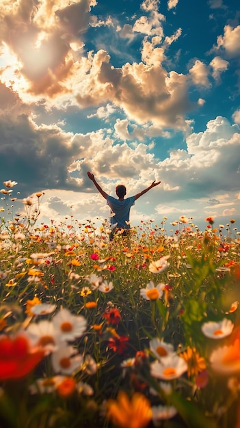 Photo happy man in blooming flowers field facing the sky success celebrationthanks gesture blessing god