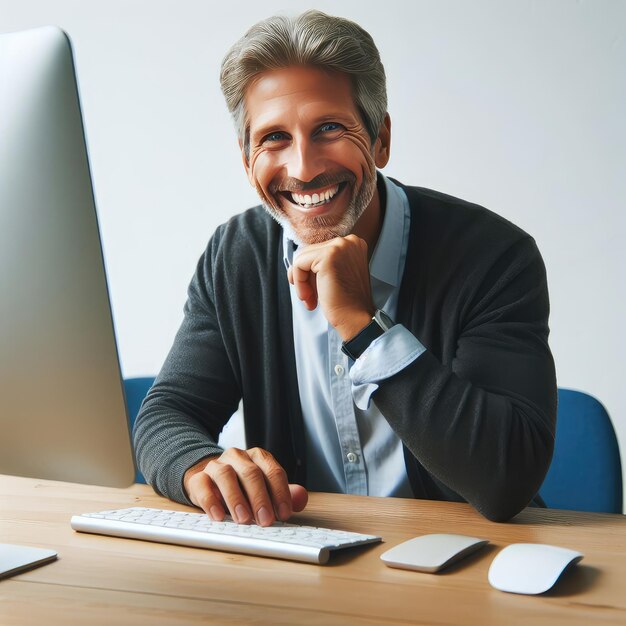 Photo happy man using computer isolated on white background