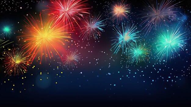 HAPPY NEW YEAR La veille de la nouvelle année 2019 Des feux d'artifice colorés et des étincelles scintillantes dans le ciel nocturne sombre