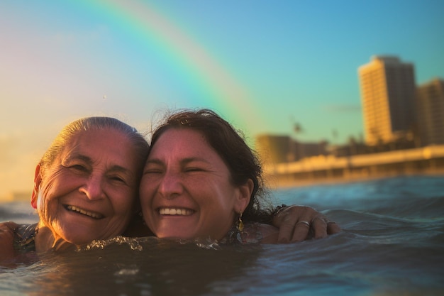 Happy Senior Gay Couple Swimming at LGBTQ Pride Parade à Tel Aviv ISRAËL