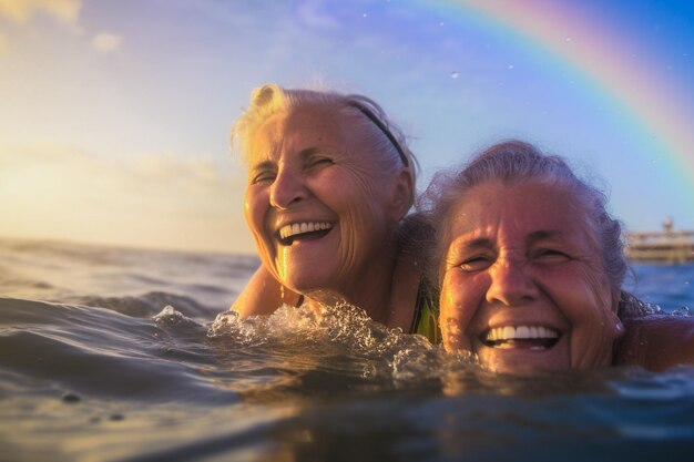 Happy Senior Gay Couple Swimming at LGBTQ Pride Parade à Tel Aviv ISRAËL