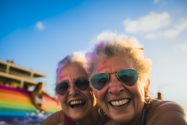 Happy Senior Gay Couple Swimming at LGBTQ Pride Parade à Tel Aviv ISRAËL