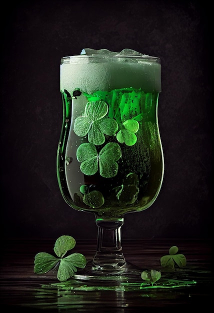 Happy St Patrick's Day Poster Concept Verre à bière verte avec des feuilles de trèfle à l'intérieur du Flyer ou de la carte postale