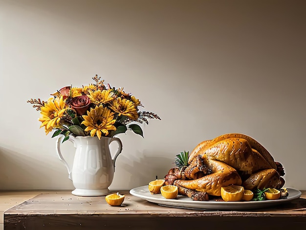 Photo happy thanksgiving fête de la récolte de la dinde rôtie ou du poulet sont sur la table service festif