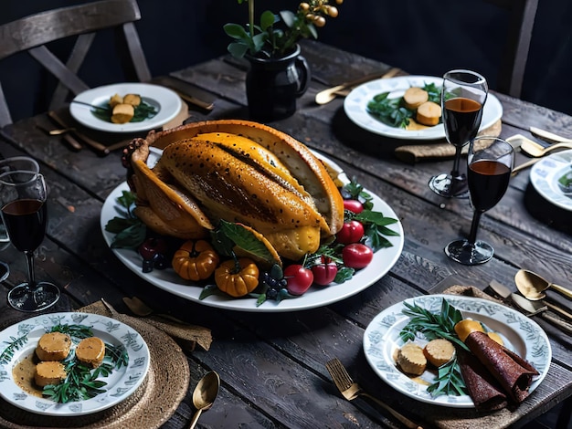 Photo happy thanksgiving fête de la récolte de la dinde rôtie ou du poulet sont sur la table service festif