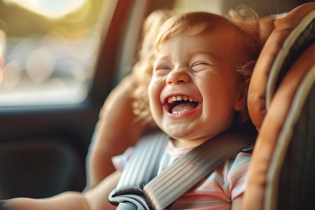 Photo happy toddler dans le siège de sécurité de la voiture avec l'ia générée