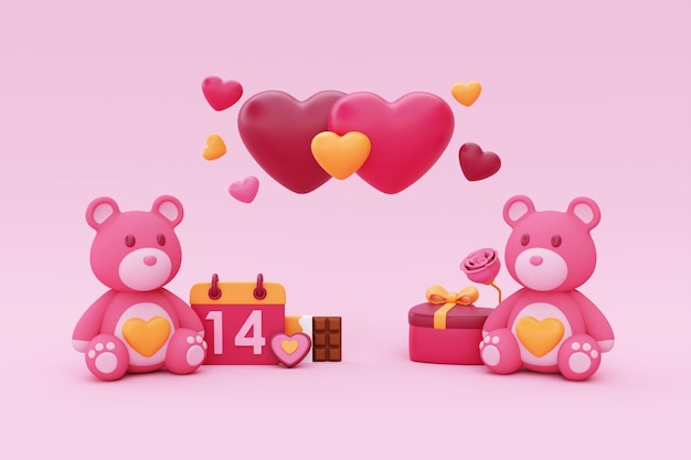Happy Valentine's Day Teddy bears avec calendrier de ballons en forme de coeur présente du chocolat et un décor d'éléments pour le rendu 3d de la Saint-Valentin