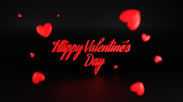 Happy Valentines Day 3D Text avec coeur rouge et fond noir