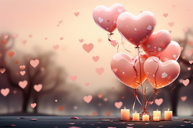 Happy valentines day banner Coeurs roses et or ballons en aluminium avec des cadeaux sur bokeh rose Valentines