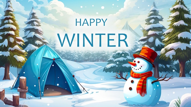 Happy Winter Tourism Backcountry Camping en hiver tente touristique orange et bonhomme de neige dans la forêt d'hiver