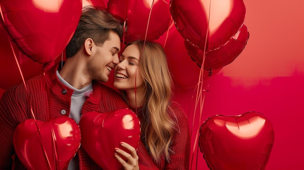 Photo happy young couple with heartshaped balloons vibrant colors and joy