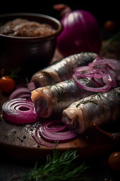 Hareng roulé au vinaigre servi avec oignons et cornichons