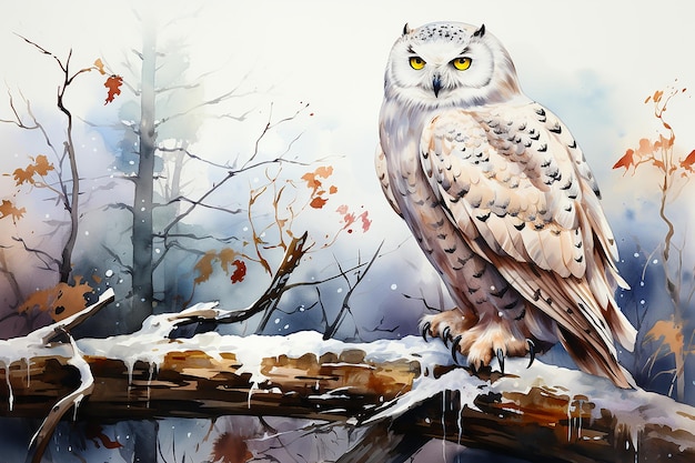 Un harfang des neiges debout sur une branche dessinée à l'aquarelle isolée sur fond