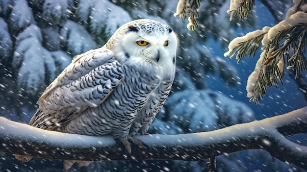 Un harfang des neiges perché sur une branche pendant une tempête de neige Concept de fantaisie Peinture d'illustration