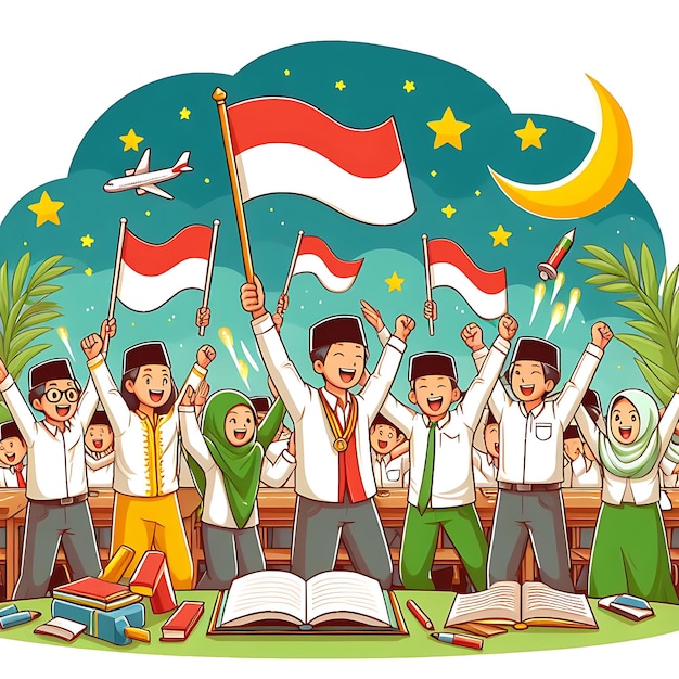 Photo hari pendidikan nasional un dessin animé de personnes avec des drapeaux et la lune en arrière-plan