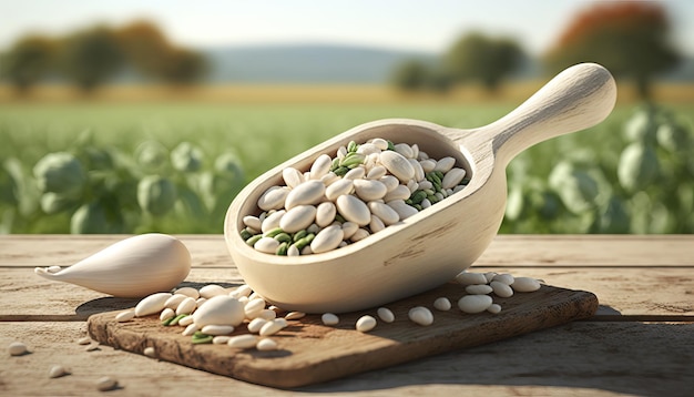 Haricots blancs dans une cuillère en bois sur table avec champ de légumineuses vertes aux beaux jours sur l'arrière-plan ai générative