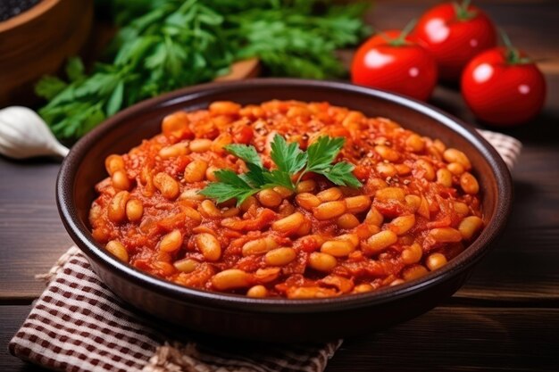 Des haricots blancs secs avec de la pâte de tomate servis sur un fond en bois