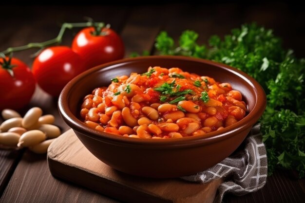 Photo haricots blancs secs avec pâte de tomate servis sur fond de bois