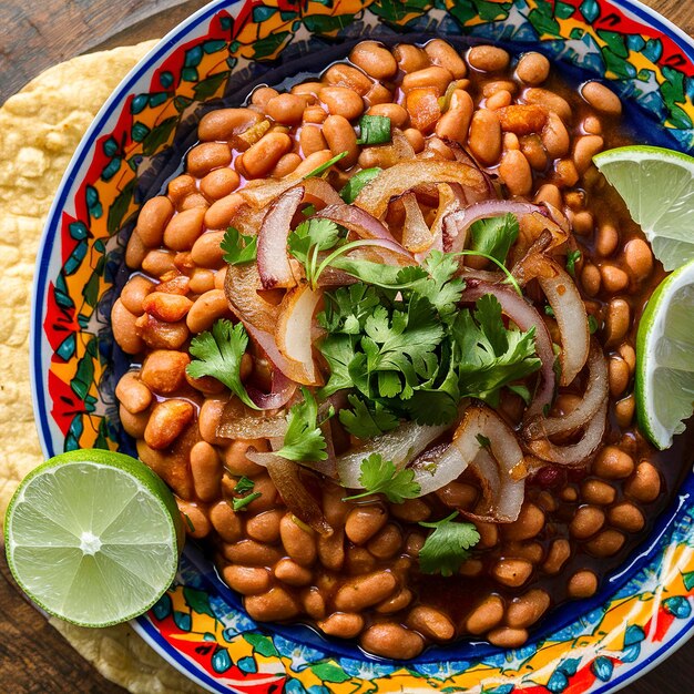 Des haricots cuits au four avec de l'oignon et de la coriandre, nourriture mexicaine.