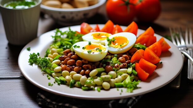 Photo haricots avec des légumes et des œufs bouillis