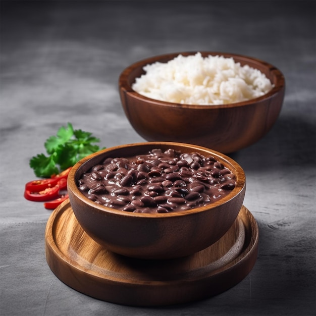 Haricots noirs et riz dans un bol en bois