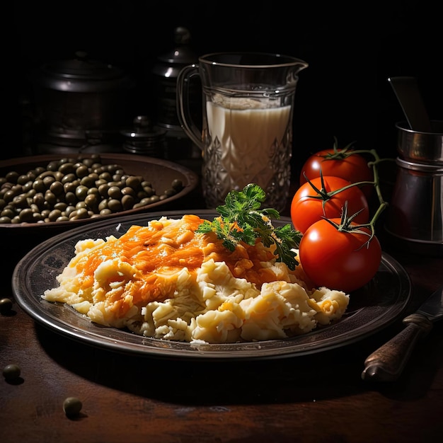 des haricots, des tomates et des œufs sur une assiette