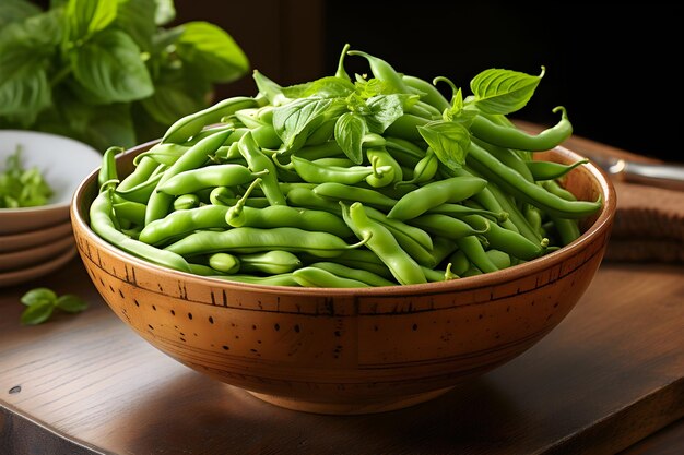 Haricots verts sur bol en bois