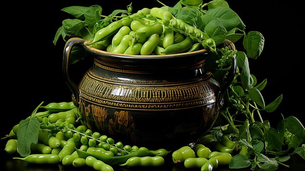 haricots verts avec des feuilles dans un bol en bois