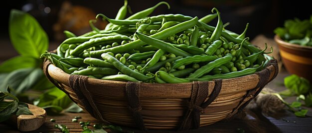 Photo des haricots verts frais dans un panier en osier sur une table rustique