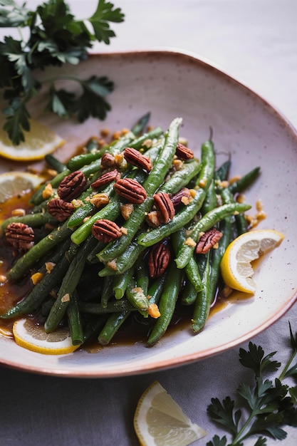 Des haricots verts avec des noix de pécan sur une assiette.