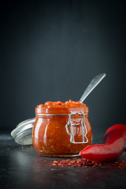 Harissa. Pâte traditionnelle de poivron. Cuisine tunisienne, géorgienne et arabe. Vue Verticak.