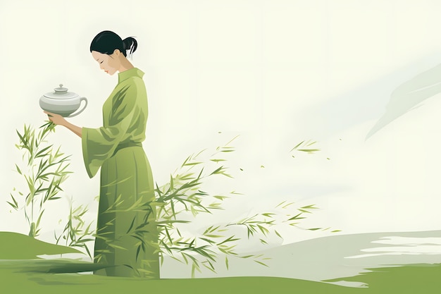 Harmonie abstraite d'une femme en tenue traditionnelle au milieu des feuilles de thé