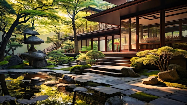 Photo l'harmonie architecturale sereine d'un jardin zen japonais