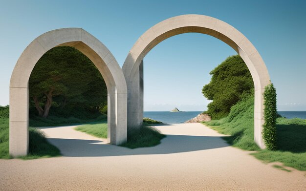 Harmonie captivante, élégance géométrique avec lumière naturelle du podium de l'arche et vue sereine sur la mer