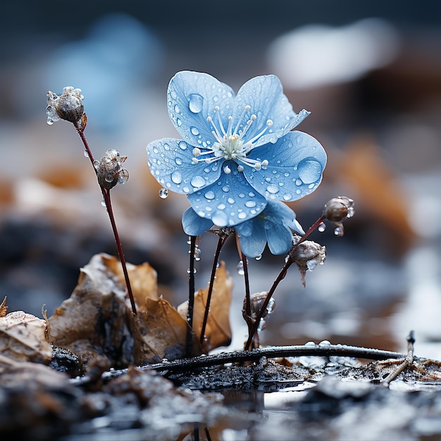 Photo harmonie dans le contraste fleur bleue singulière dans un paysage enneigé avec une touche de couleur