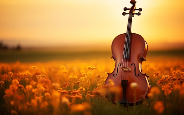 Photo l'harmonie du coucher de soleil le violoncelle solitaire dans un vaste champ baigné de lumière dorée