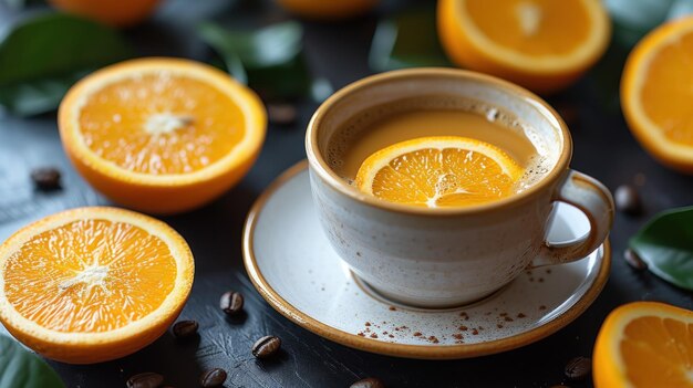 Photo l'harmonie du matin un café vibrant au milieu des oranges fraîches