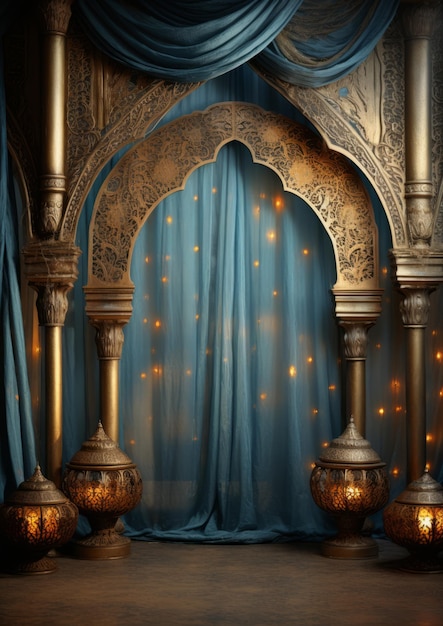 L'harmonie majestueuse enchante le fond ethnique bleu poussiéreux et bronze illuminé par la chaude lumière du soir