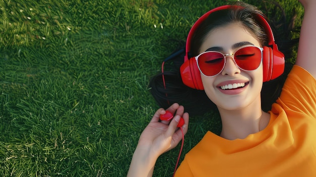 En harmonie avec la nature, la femme écoute de la musique en souriant avec satisfaction.