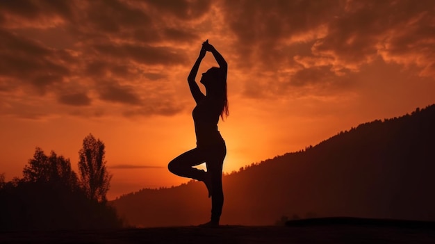 En harmonie avec la nature, une jeune femme en position de yoga se découpant sur un coucher de soleil orange L'IA générative