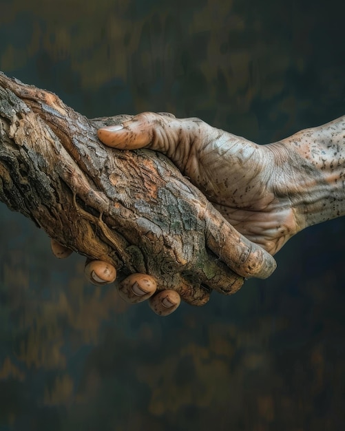 L'harmonie avec la nature La main humaine saisit la branche de l'arbre