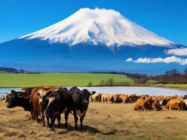 L'harmonie de la nature Les vaches se régalent sur le fond du Fuji