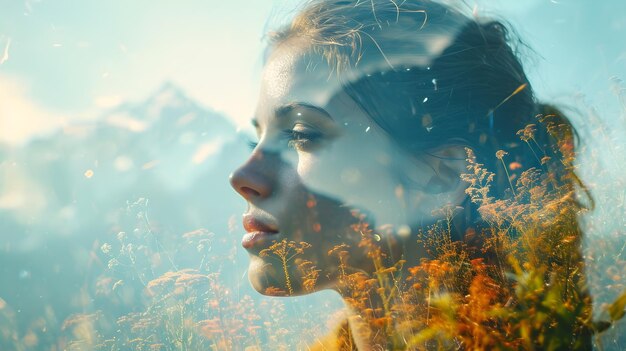 L'harmonie des natures Portrait d'une jeune femme à double exposition AI générative