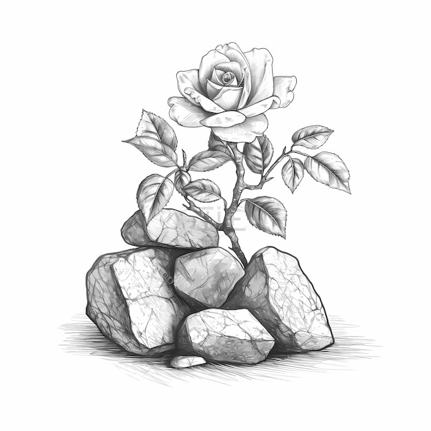 L'harmonie nostalgique RetroStyle dessin de ligne noire et blanche d'un rocher et d'une rose