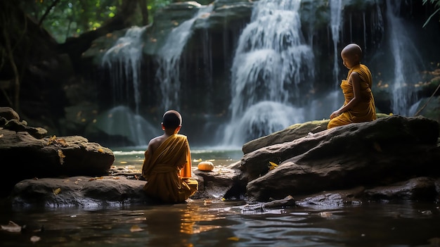 L'harmonie rafraîchissante Un petit moine et un enfant se baignent à la cascade